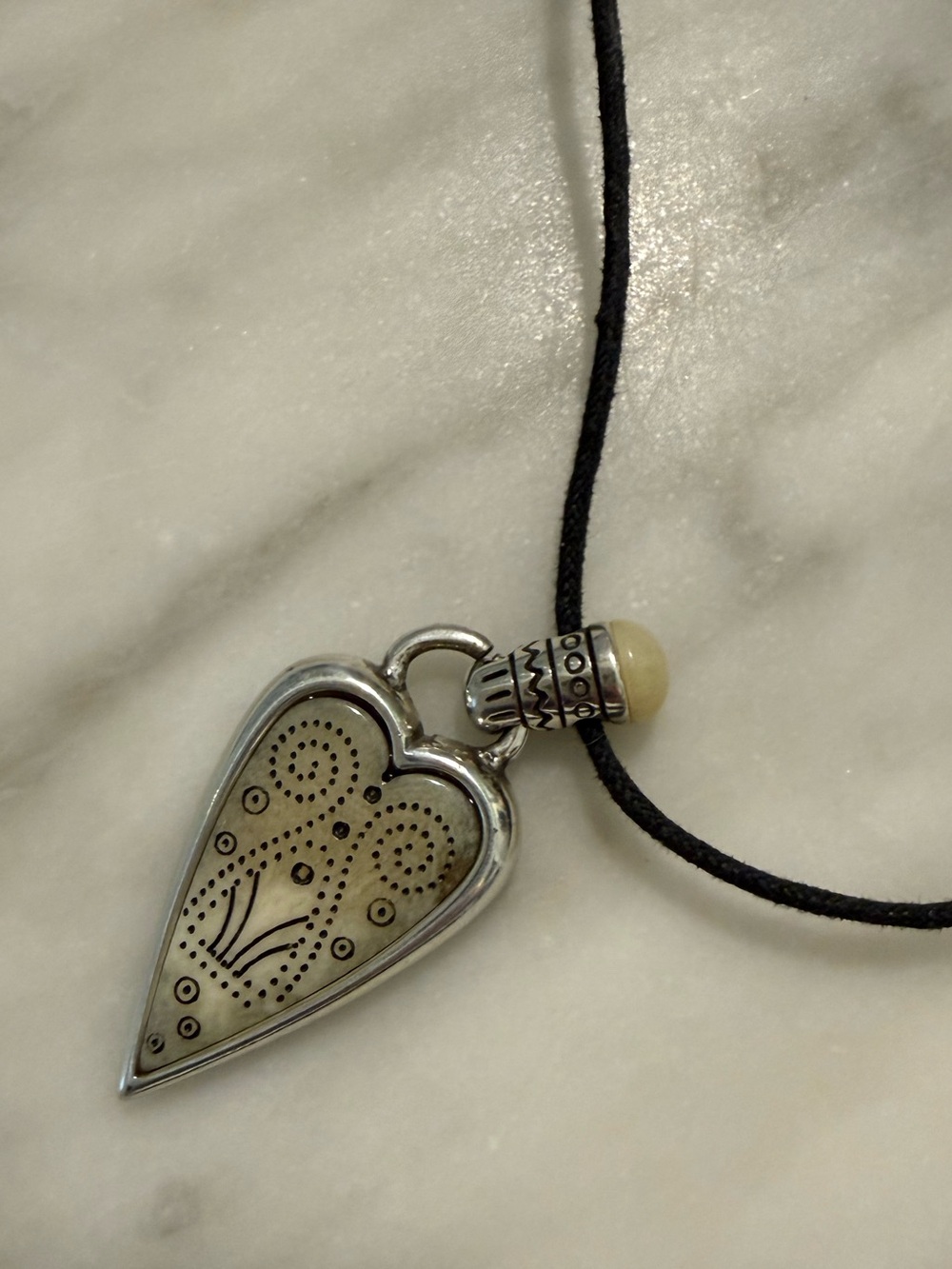 Brighton Etched Ivory Heart Necklace on Black Cord Reverses to Silver